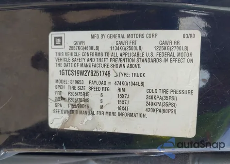 2000 GMC Sonoma из США, поврежденный, VIN 1GTCS19W2Y8251748